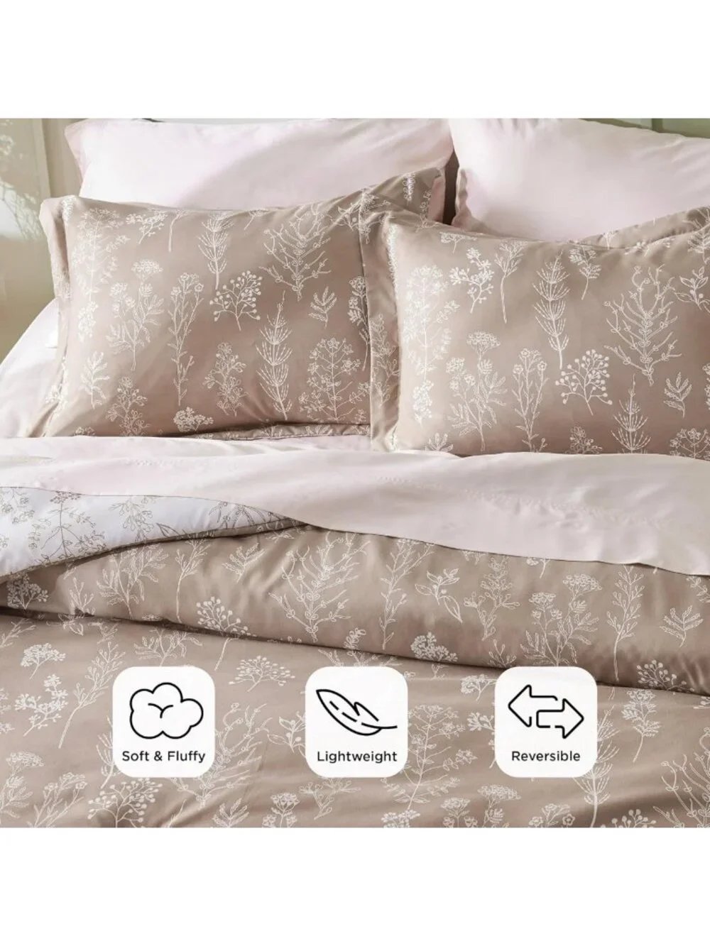 Cozy Light Taupe Queen Comforter Set - 3 Piece Floral Bedding, Reversible